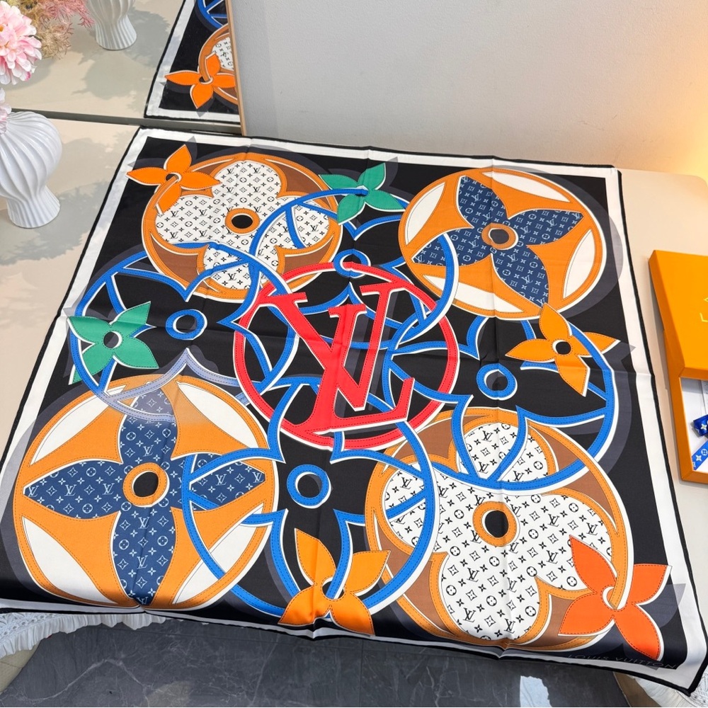 Louis Vuitton Silk Scarf with Bold Orange & Blue Geometric Monogram Print - Picture 2 of 8